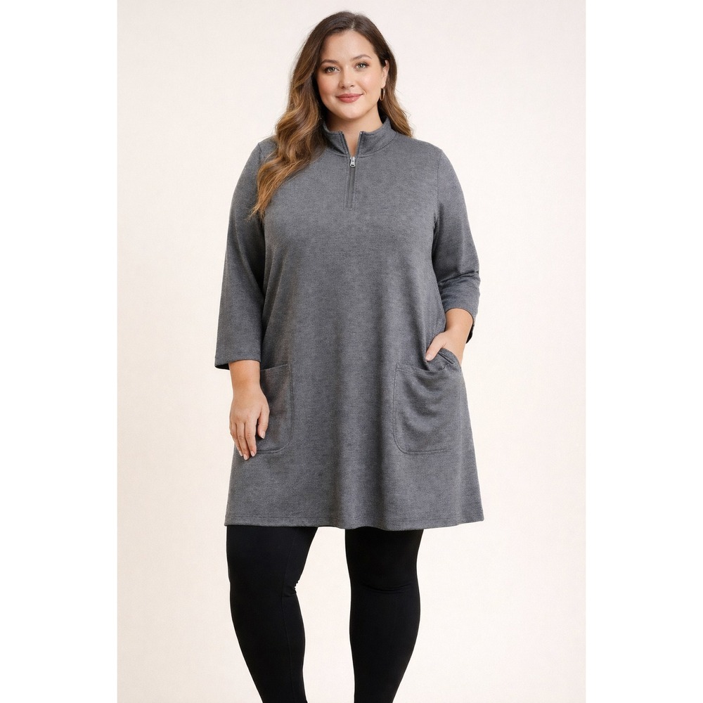 NorthStyle Women's 3X Charcoal Gray Ponte Knit 1/4 Zip Long Tunic Top | Dress